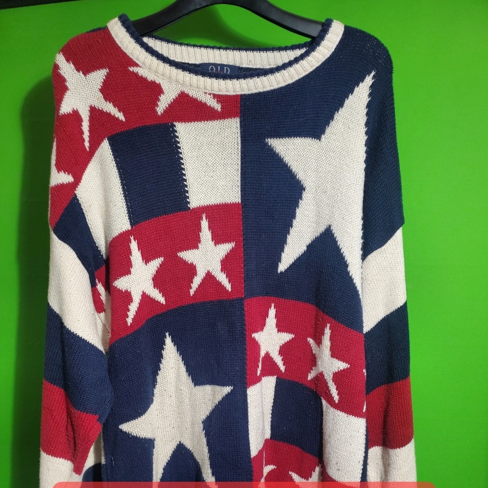 USED Old Glory Men's Pullover Sweater Size XL Cotton Stars Stripes Patriotic Fla